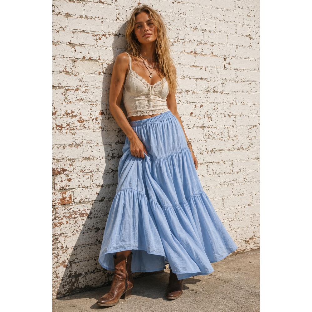 Vintage Ashley Hill Blue Cotton Tiered Midi Skirt Boho Prairie Cottagecore M‎